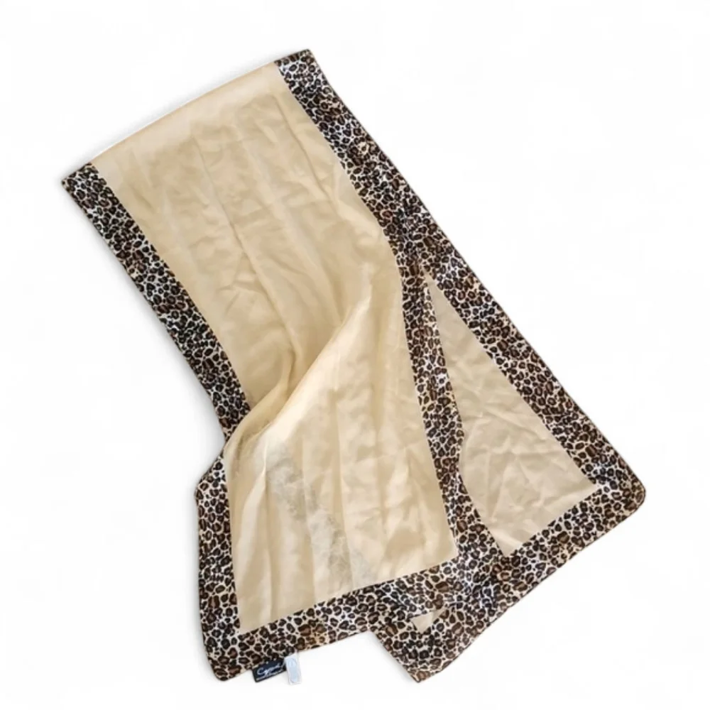 Cejon Leopard Border Scarf Neutral Beige Lightweight Sheer Wrap Shawl